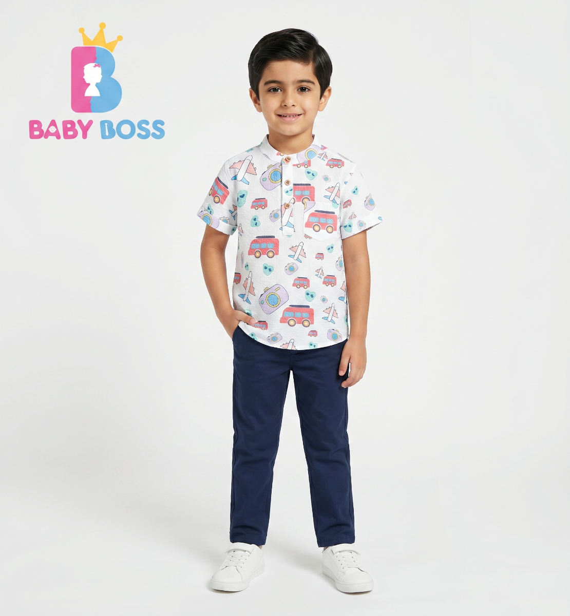 Boys' Cartoon Travel Print Seersucker Shirt