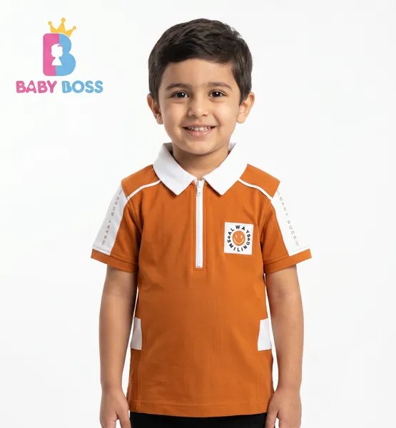 Baby Boss Premium Orange Half-Zip Polo Shirt for Boys