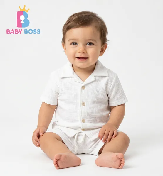 Baby Boss White Textured Shirt & Shorts Set for Boys
