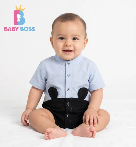 Baby Boss Premium Bear Ear Designer Shirt for Boys – Light Grey & Black