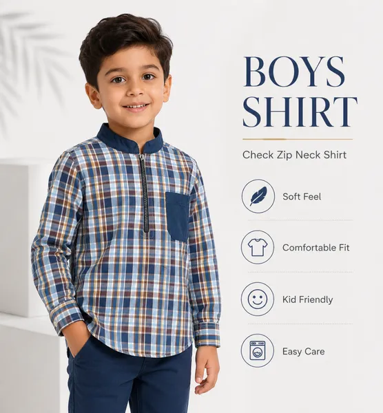 Boys Check Shirt with Navy Collar & Pocket – 2-8 Years