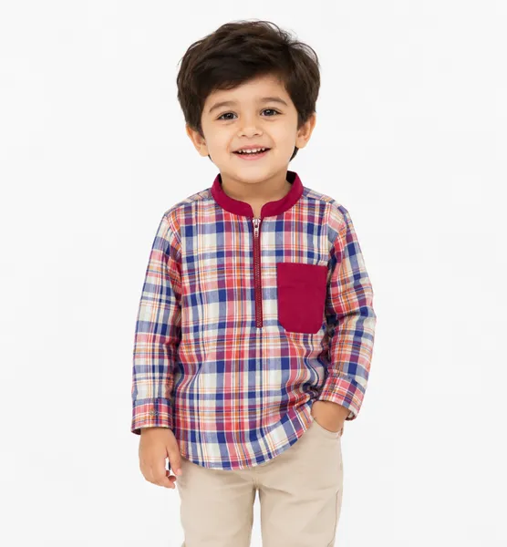 Boys Red Navy Check Shirt with Zipper