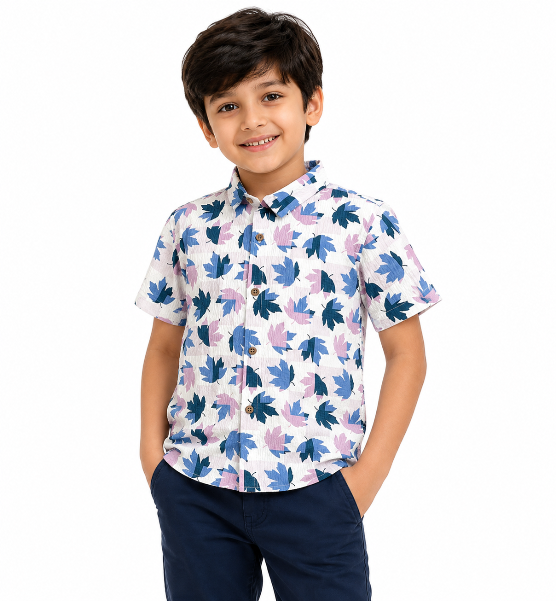 Baby Boss Boys Leaf Print Half Sleeve Shirt – White & Blue