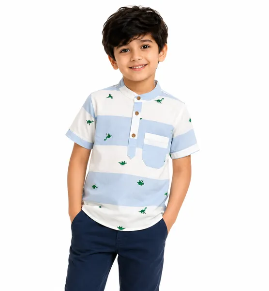 Baby Boss Boys Dinosaur Print Striped Shirt – Sky Blue & White