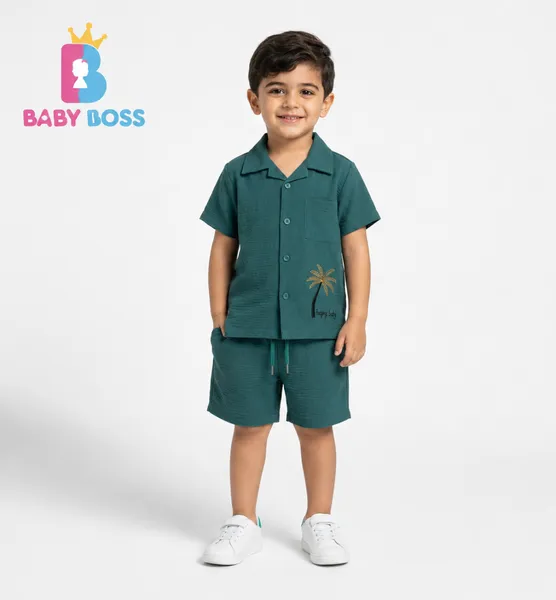Baby Boss Dark Teal Boys Palm Embroidery Co-ord Set