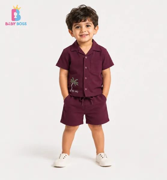 Baby Boss Burgundy Boys Palm Embroidery Co-ord Set