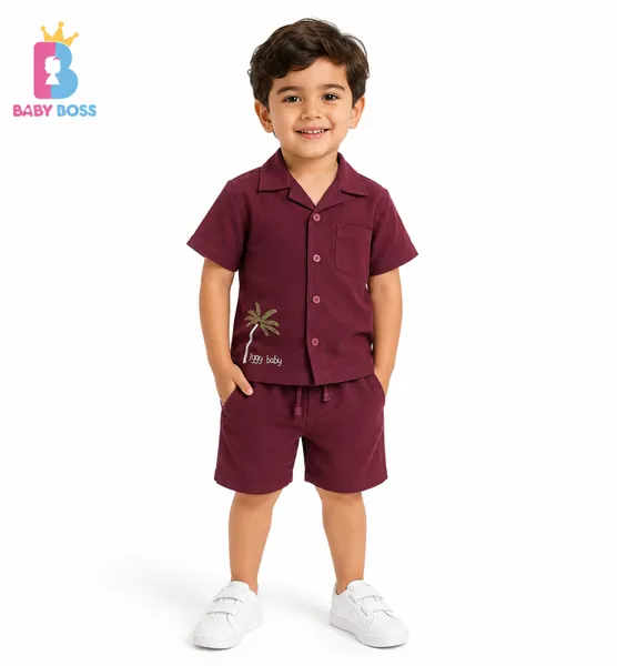 Baby Boss Burgundy Boys Palm Embroidery Co-ord Set
