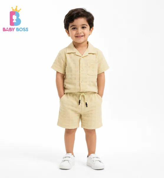 Cream Textured Checker Boys Shirt & Shorts Set