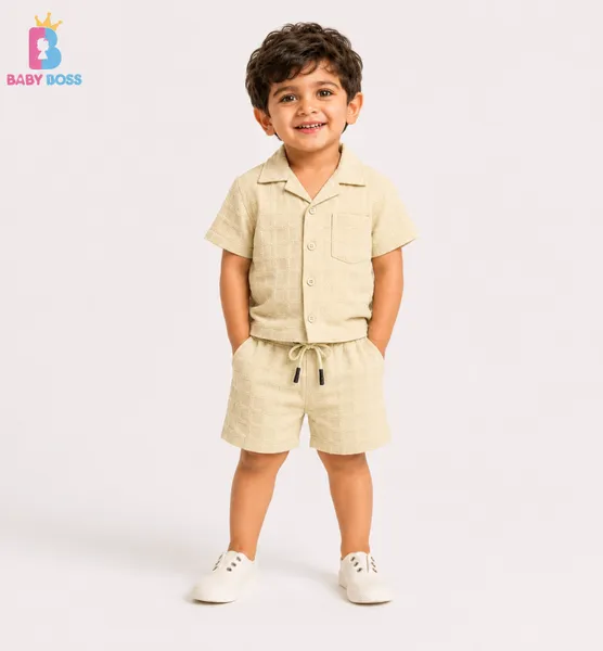 Cream Textured Checker Boys Shirt & Shorts Set