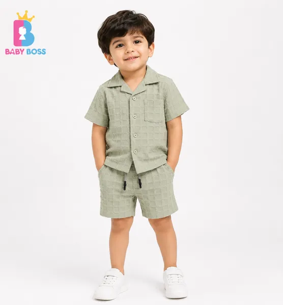 Light Sage Textured Checker Boys Shirt & Shorts Set