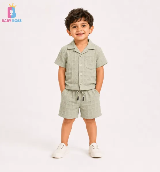 Light Sage Textured Checker Boys Shirt & Shorts Set