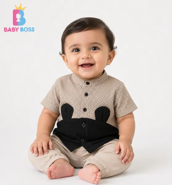 Baby Boss Premium Bear Ear Designer Shirt for Boys – Beige & Black