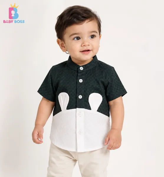 Baby Boss Premium Bear Ear Designer Shirt for Boys – Deep Green & White