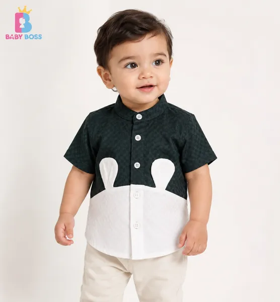 Baby Boss Premium Bear Ear Designer Shirt for Boys – Deep Green & White