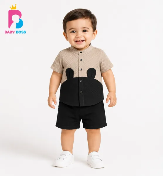 Baby Boss Premium Bear Ear Designer Shirt for Boys – Beige & Black