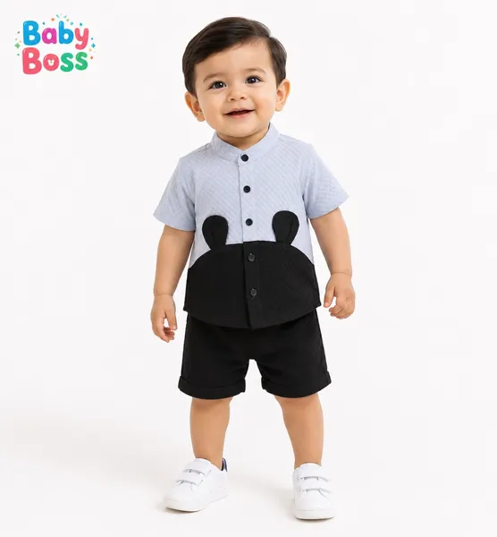 Baby Boss Premium Bear Ear Designer Shirt for Boys – Light Grey & Black
