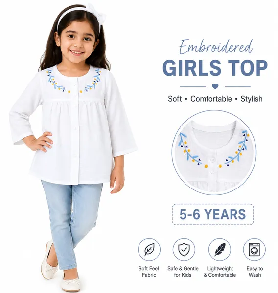 White Embroidered Girls Top