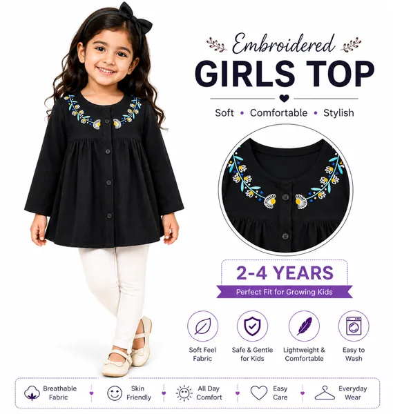 Black Embroidered Girls Top