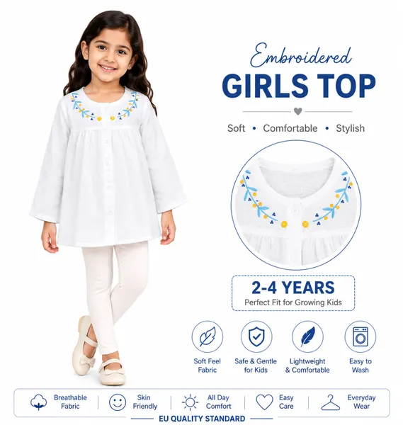 White Embroidered Girls Top