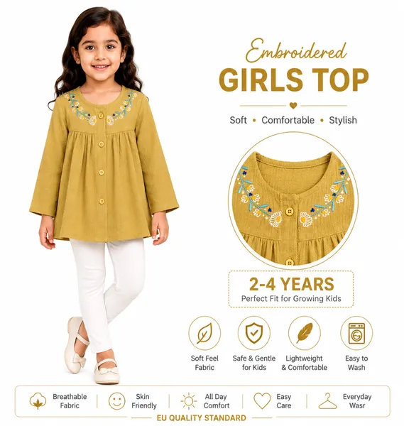 Mustard Embroidered Girls Top