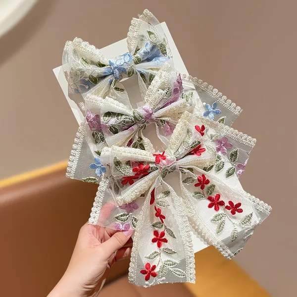 Embroidered Lace Bow Hair Clips