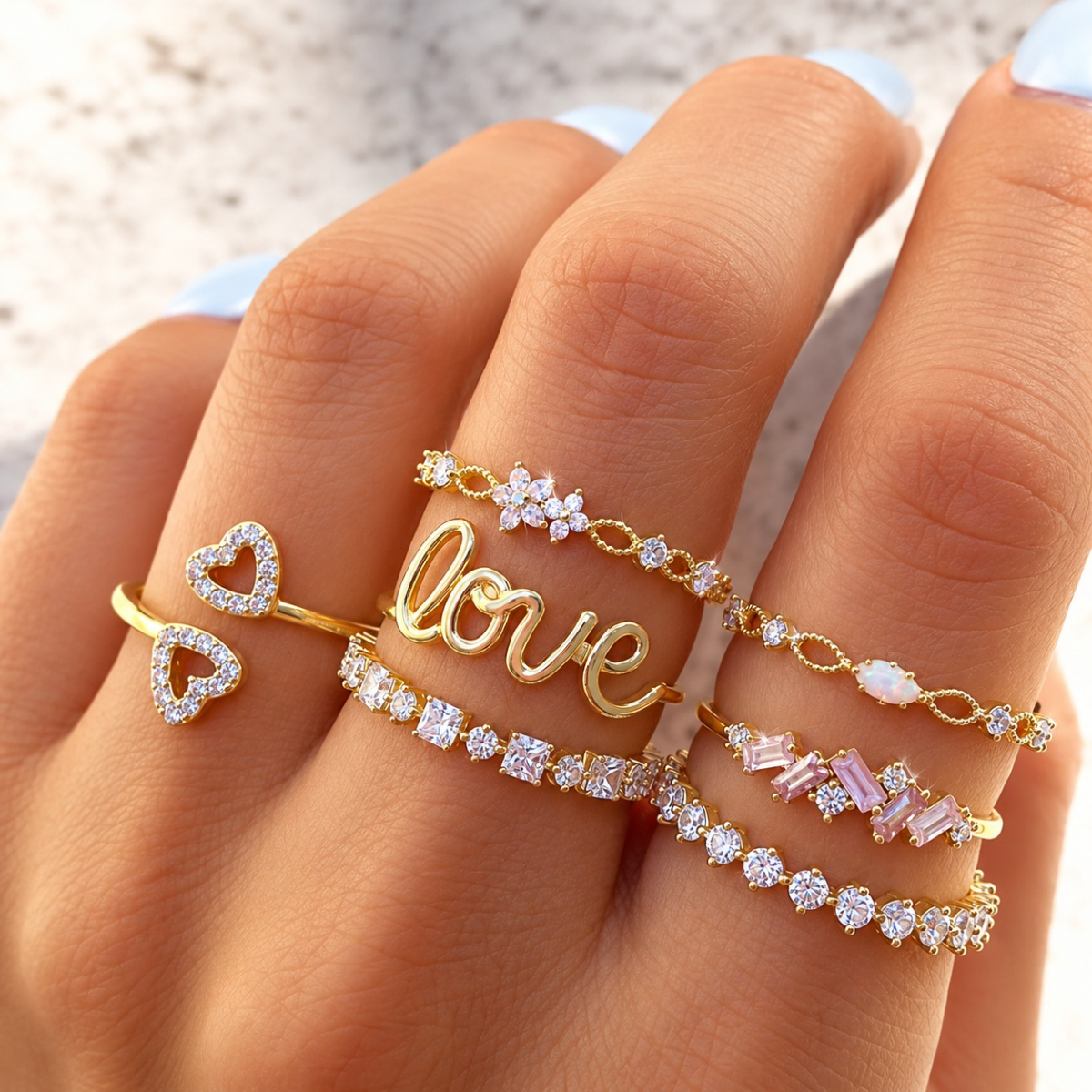 7 Pcs Love Heart Stone Finger Ring Set 