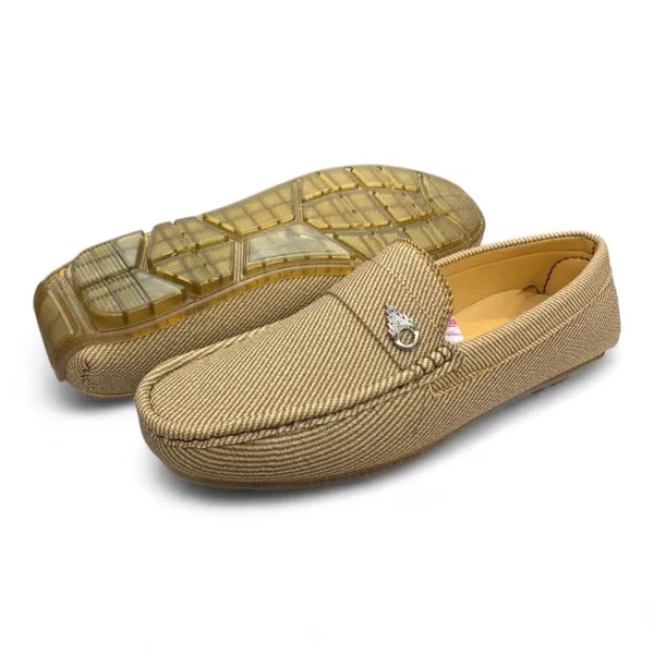 Brown  Fabric Loafers Moccasin Style with Metal Emblem