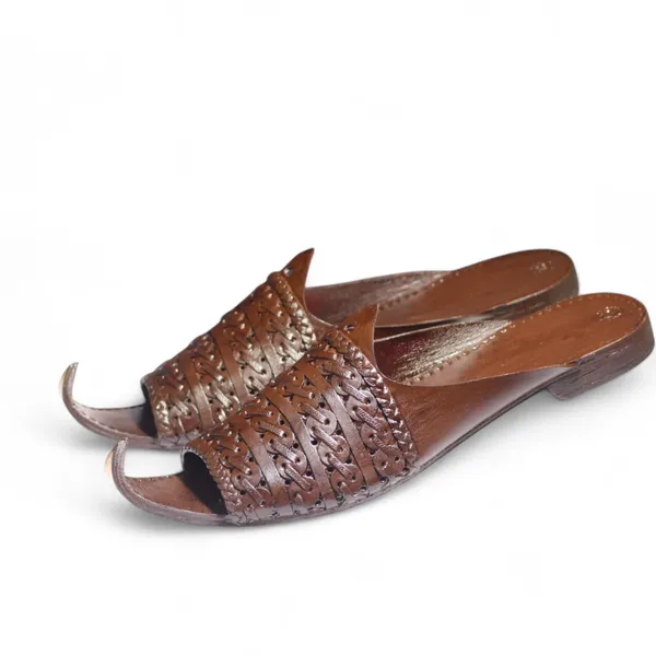 Brown Leather Peshawari Chappal — Curled Toe Handcrafted Design
