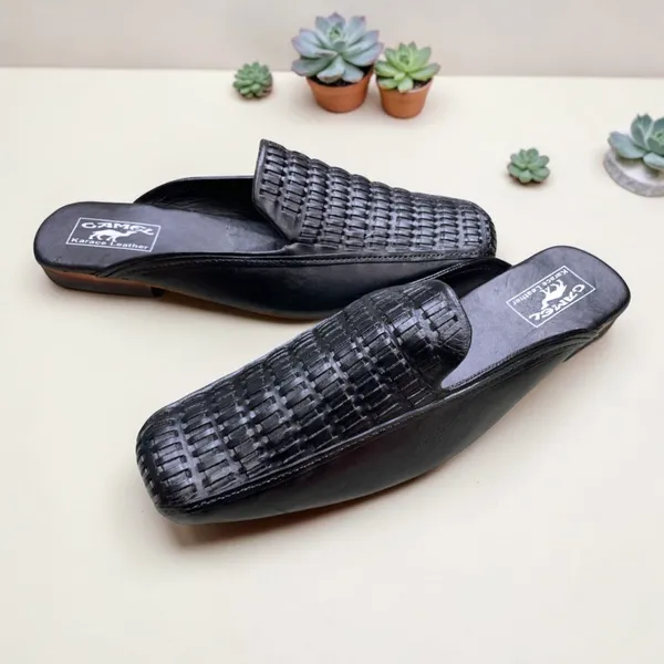 Black Slip-On Shoes — Grid Cut-Out Design 