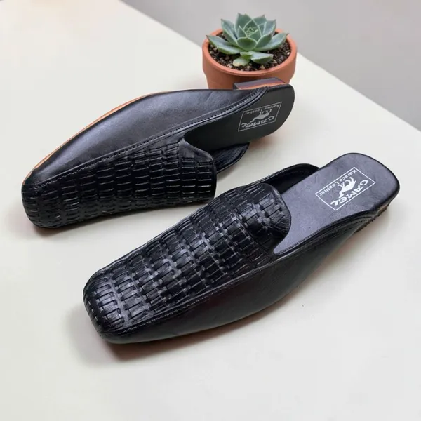 Black Slip-On Shoes — Grid Cut-Out Design 