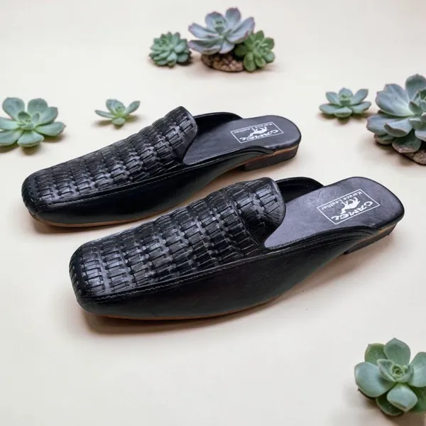 Black Slip-On Shoes — Grid Cut-Out Design 