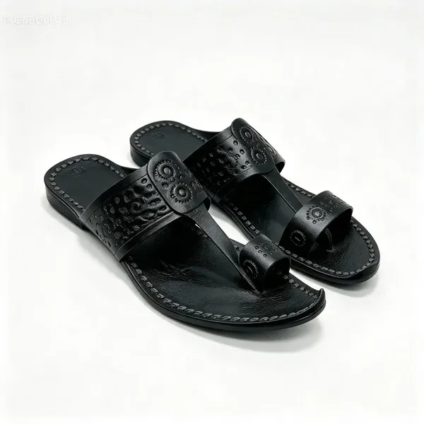 Men's Handcrafted Kolhapuri Toe-Ring Sandal Gold Thread, Genuine Leather, 2 Styles