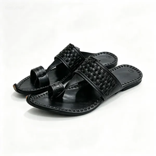 Men's Handcrafted Kolhapuri Toe-Ring Sandal Gold Thread, Genuine Leather, 2 Styles