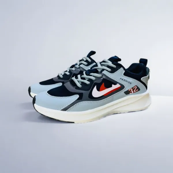 Gray-Green Fashion Sneakers—Breathable Mesh & Bold 32 Branding 