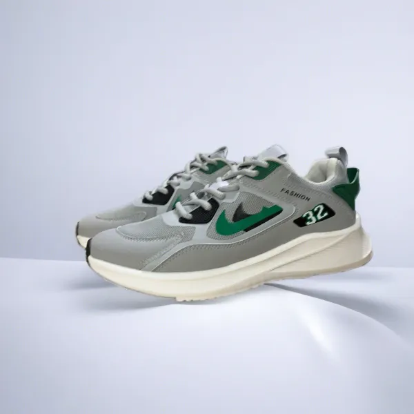 Gray-Green Fashion Sneakers—Breathable Mesh & Bold 32 Branding 