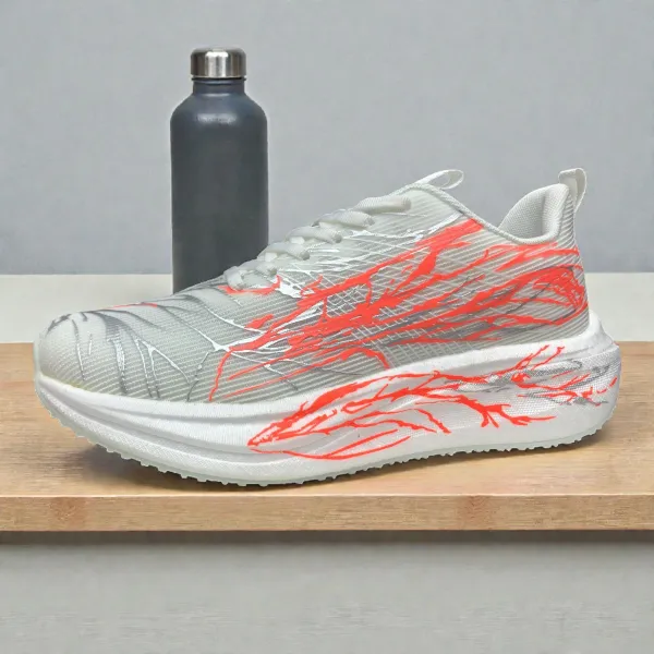 White Abstract-Streak Sneakers Red & Silver Design