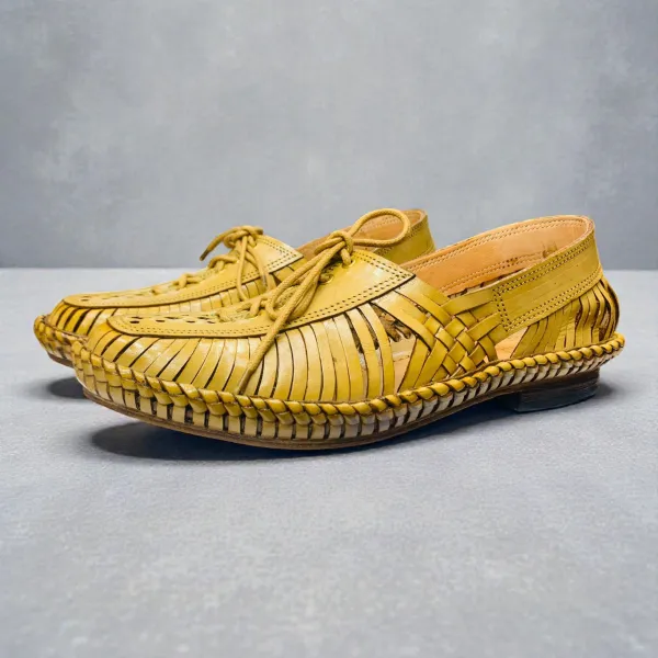 Brown Tan Leather Huarache Sandals Handwoven & Buckle Strap 