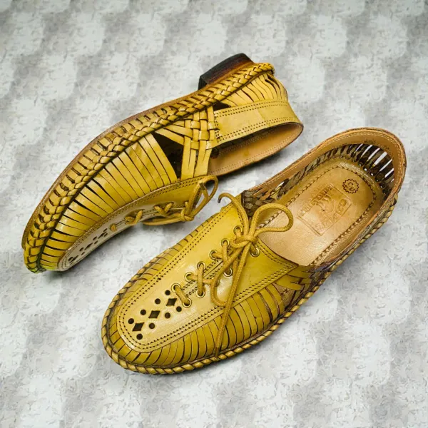 Brown Tan Leather Huarache Sandals Handwoven & Buckle Strap 