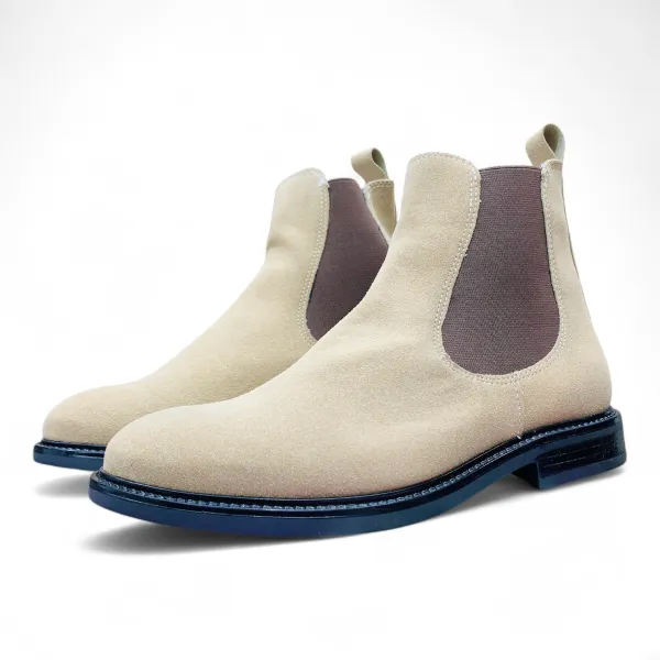 Beige Suede Chelsea Boots Dark Elastic Panels & Black Sole 