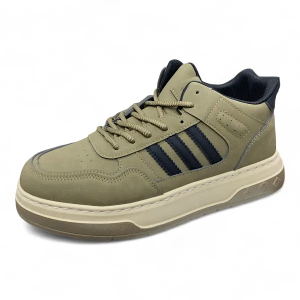 Gray PU Leather Sneakers Black Stripes & Rugged Sole 