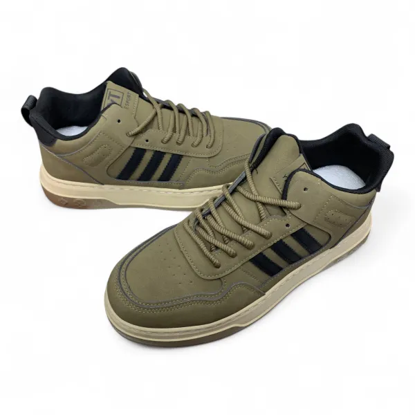 Gray PU Leather Sneakers Black Stripes & Rugged Sole 