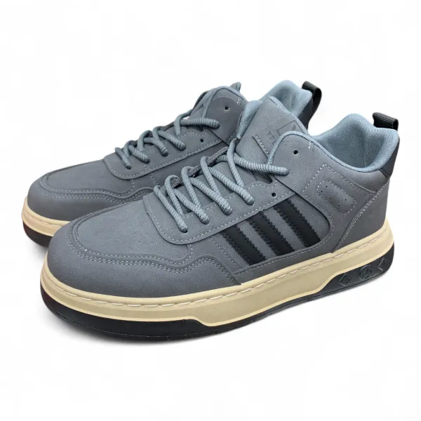 Gray PU Leather Sneakers Black Stripes & Rugged Sole 