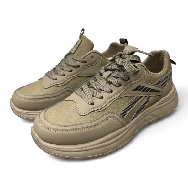 Beige PU Leather Sneakers Striped Accents Cushioned Sole 