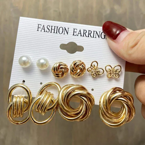 Metal Flower Design Stud Earrings Set ( 5 Pair )