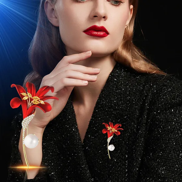 Red Lily Rose Brooch Hijab Pin 