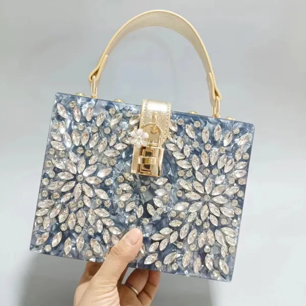 Trending Party Wedding Ladies Diamond Luxury square Elegant Acrylic Clutches Bags 