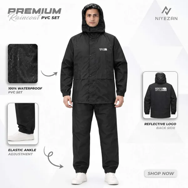 Full Velcro - 100% Water Proof Raincoat (PU Coated) with Seam Sealing - Black