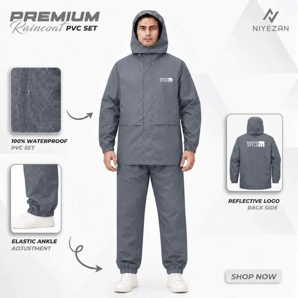 Full Velcro - 100% Water Proof Raincoat (PU Coated) with Seam Sealing - Grey 