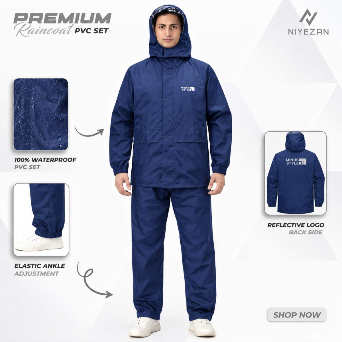 Full Velcro - 100% Water Proof Raincoat (PU Coated) with Seam Sealing - Navy Blue