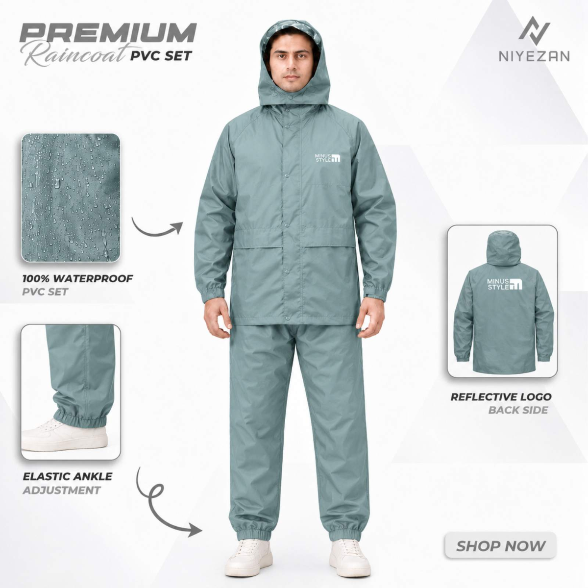 Full Velcro - 100% Water Proof Raincoat (PU Coated) with Seam Sealing - Ash 